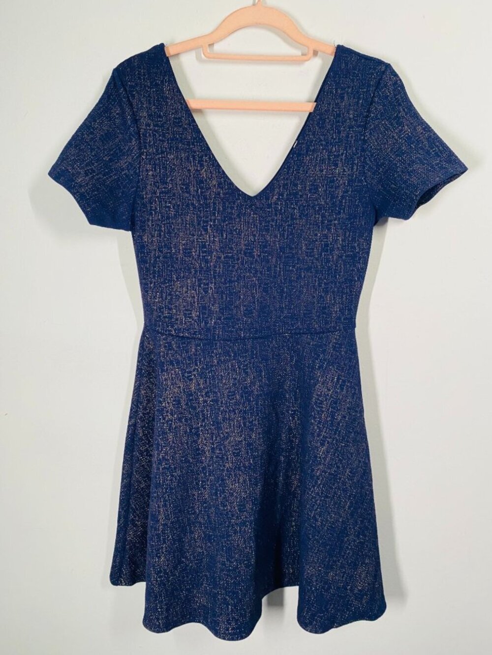 Navy & Gold Sparkle Fit & Flare Dress By Laila Coster Short Sleeve V-Neck Polyes